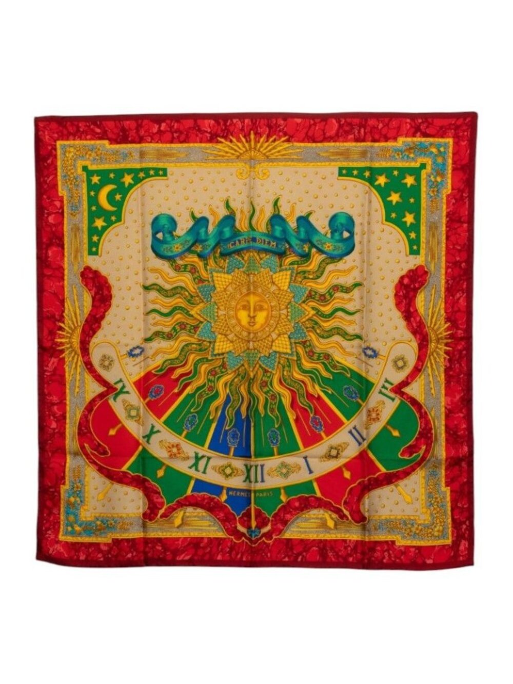 Hermes Carre 90 Carpe Diem Enjoy Your Day Scarf Large Format Red Multicolor Silk